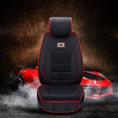 Car seat cushion cover in black fabric, close-up view of fitted seat protection for vehicle interiors