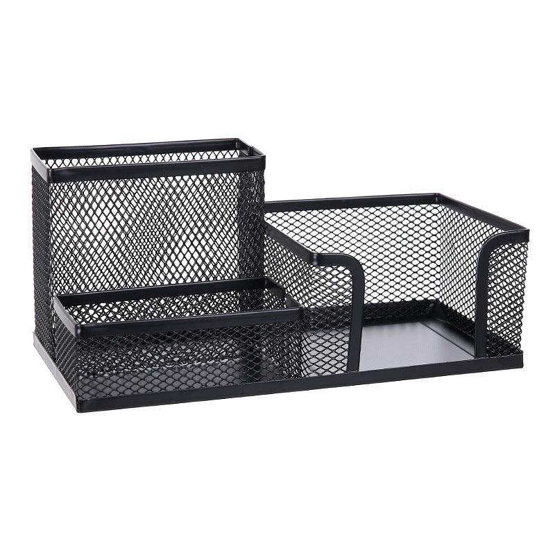 Creative metal four-grid pen holder for office use by BACKUPMYFILESNOW.COM®, with compartments for pens, pencils, and stationery.
