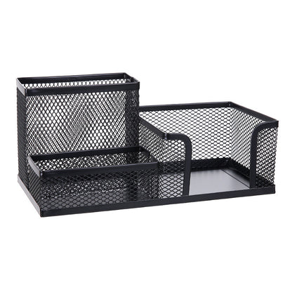 Creative metal four-grid pen holder for office use by BACKUPMYFILESNOW.COM®, with compartments for pens, pencils, and stationery.