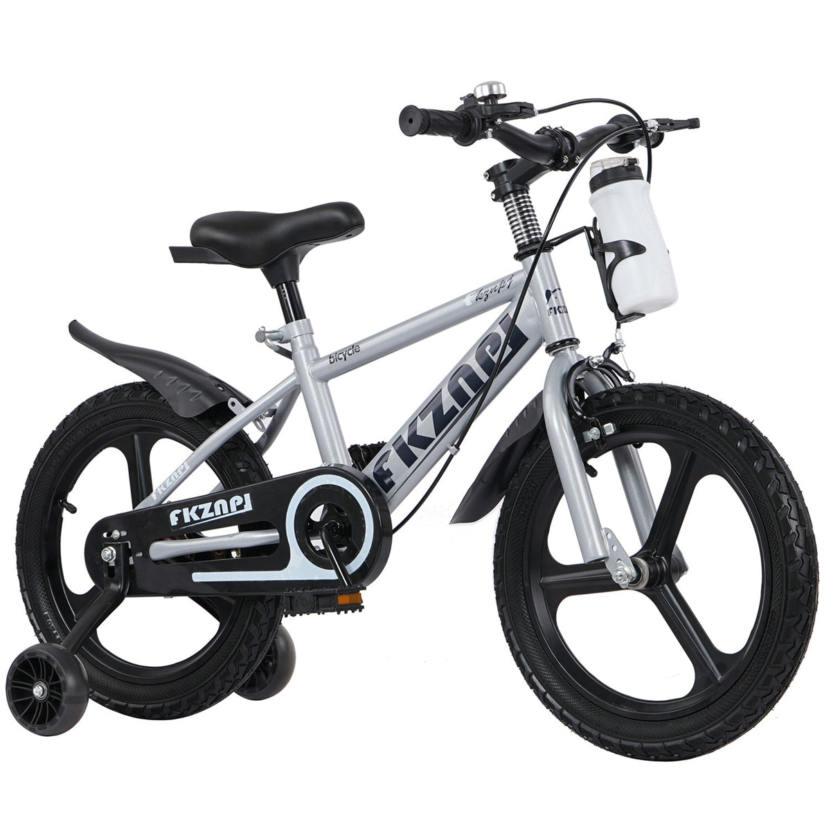 16-inch kids bike with training wheels and adjustable seat, blue frame, and handlebar for young children learning to ride.