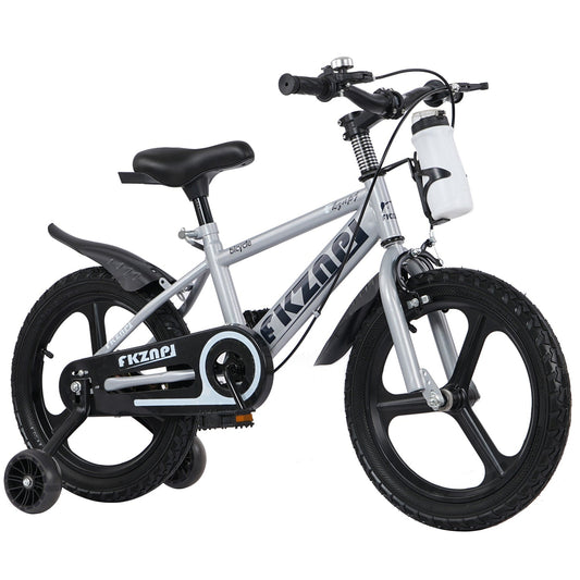 16-inch kids bike with training wheels and adjustable seat, blue frame, and handlebar for young children learning to ride.