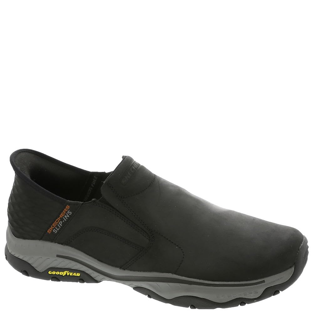Skechers men's Craster Lanigan hands-free moccasins in black leather, showing the casual slip-on design and textured sole.