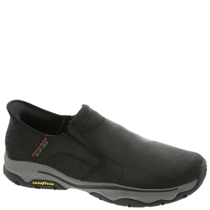 Skechers men's Craster Lanigan hands-free moccasins in black leather, showing the casual slip-on design and textured sole.