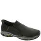 Skechers men's Craster Lanigan hands-free moccasins in black leather, showing the casual slip-on design and textured sole.