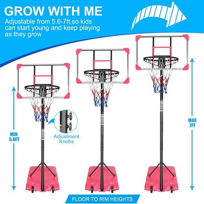Kids basketball hoop by GBruno Store, adjustable height 5.6-7 ft with wheels, suitable for outdoor play and practice.