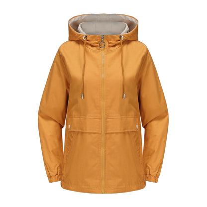 Women's hooded solid color trench coat by My Store in a classic longline design