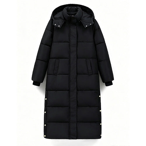 Black long-length hooded thickened cotton coat for women, front view