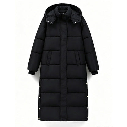 Black long-length hooded thickened cotton coat for women, front view