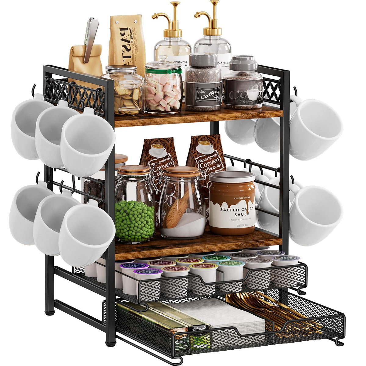 Plaviya Multi-Tier Coffee Station Organizer with Cup Hooks