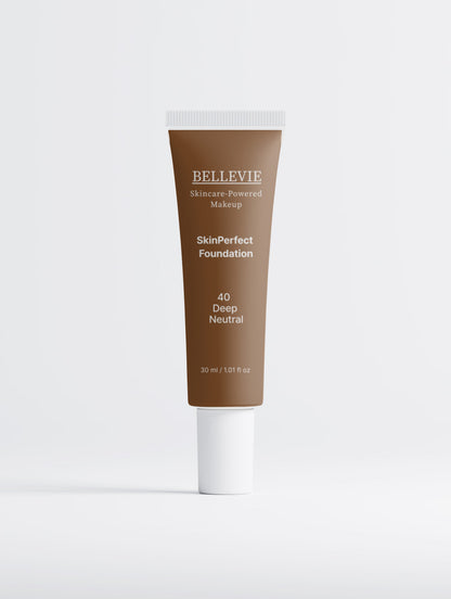 BelleVie Cosmétiques Peptide Skin-Perfecting Foundation in 40 Deep Neutral, showcasing smooth, deep skin tone with balanced coverage