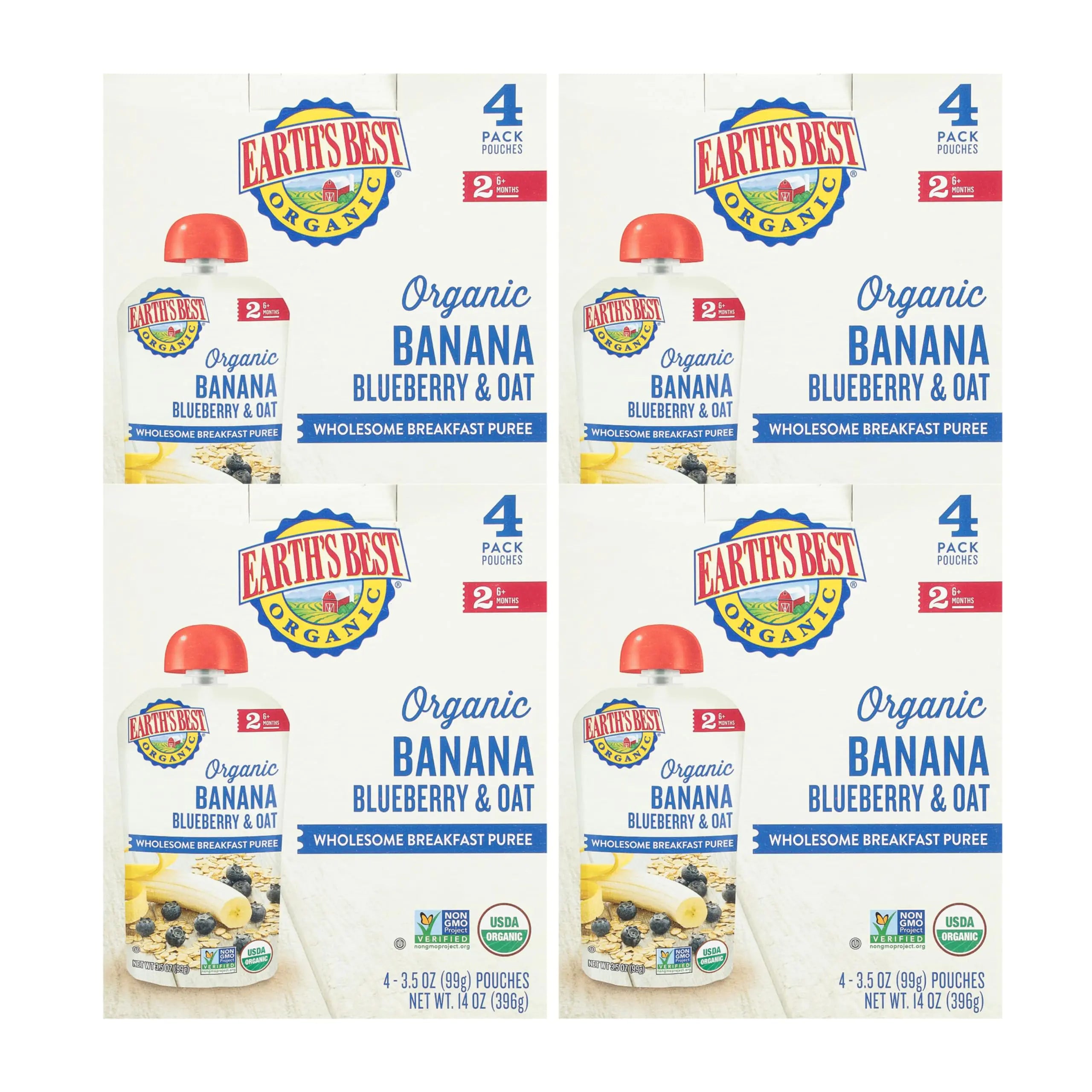 Earths Best Organic Baby Food Pouches Stage 2 Wholesome Breakfast Puree for Babies 6 Months and Older Organic Banana Blueberry Flax and Oat Puree 3.5 oz Resealable Pouch (Pack of 16)