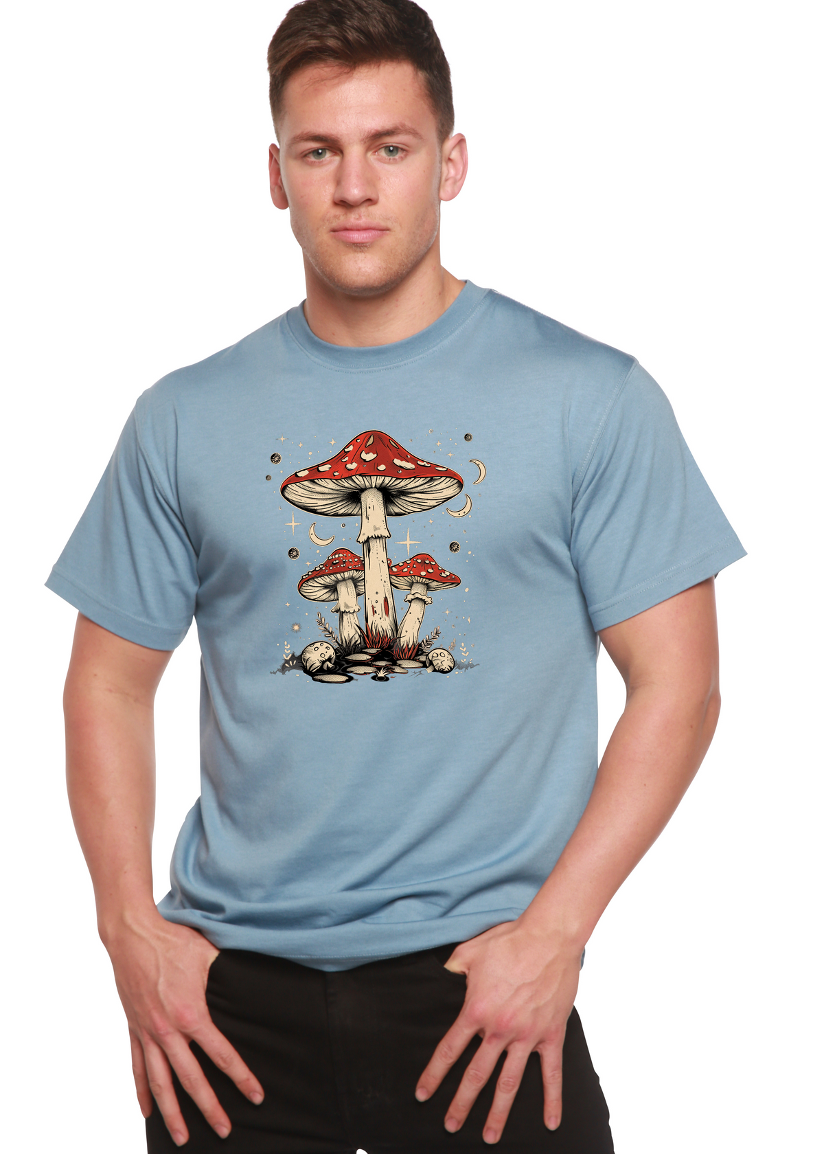 Unisex Boho Retro Hippie Mushrooms graphic T-shirt by Spun Bamboo, featuring natural bamboo and cotton fabric with mushroom print.