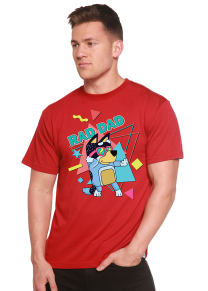 Rad Dad Bluey men's printed bamboo short sleeve T-shirt by Spun Bamboo, featuring a graphic design on soft, breathable fabric.