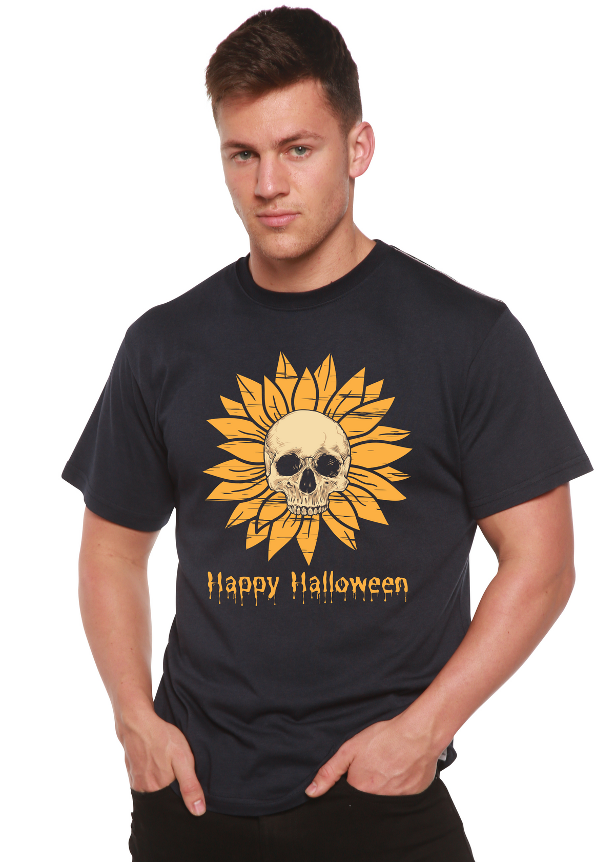 Men's Happy Halloween graphic T-shirt by Spun Bamboo, short sleeve with bamboo viscose and organic cotton, featuring Halloween-themed print.