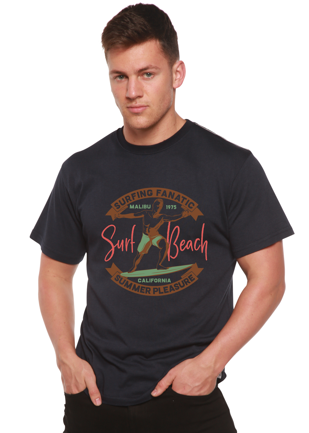Men's printed graphic T-shirt from Spun Bamboo, made of bamboo viscose and organic cotton, featuring a vibrant beach-inspired design.