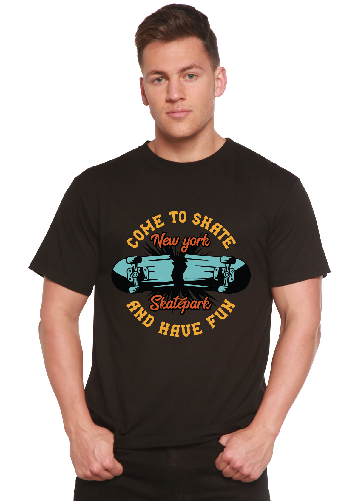 Spun Bamboo men's graphic T-shirt made of bamboo viscose and organic cotton, featuring skatepark-inspired print on short sleeves.