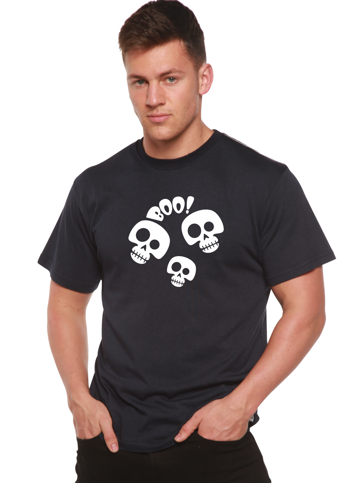 Men's Halloween Boo graphic T-shirt by Spun Bamboo with short sleeves, featuring a spooky ghost design on soft bamboo viscose and organic cotton.