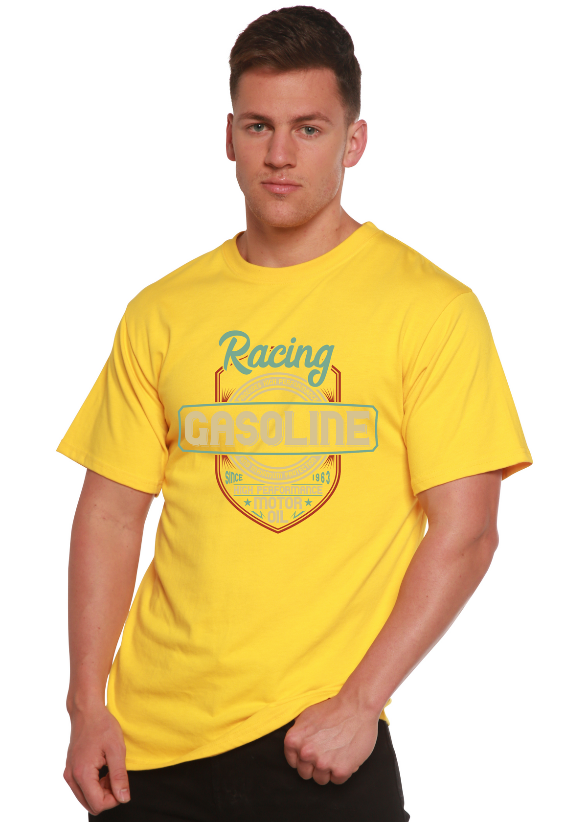 Spun Bamboo men's racing graphic t-shirt with short sleeves, bamboo viscose and organic cotton fabric, featuring a vibrant printed design.