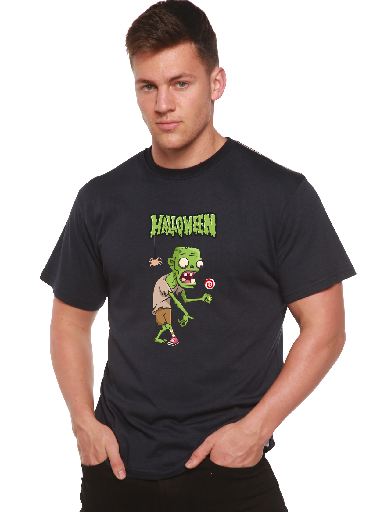Green monster graphic T-shirt for men by Spun Bamboo, made from organic cotton and bamboo viscose, short sleeve Halloween-themed design