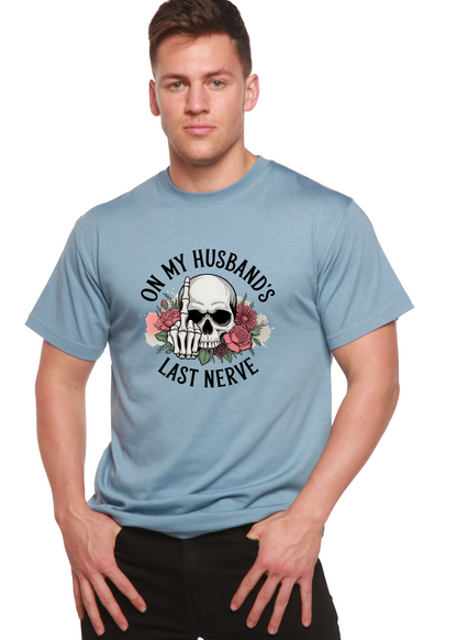 Unisex bamboo and cotton graphic T-shirt by Spun Bamboo with humorous "On My Husband's Last Nerve" print, men's casual wear.