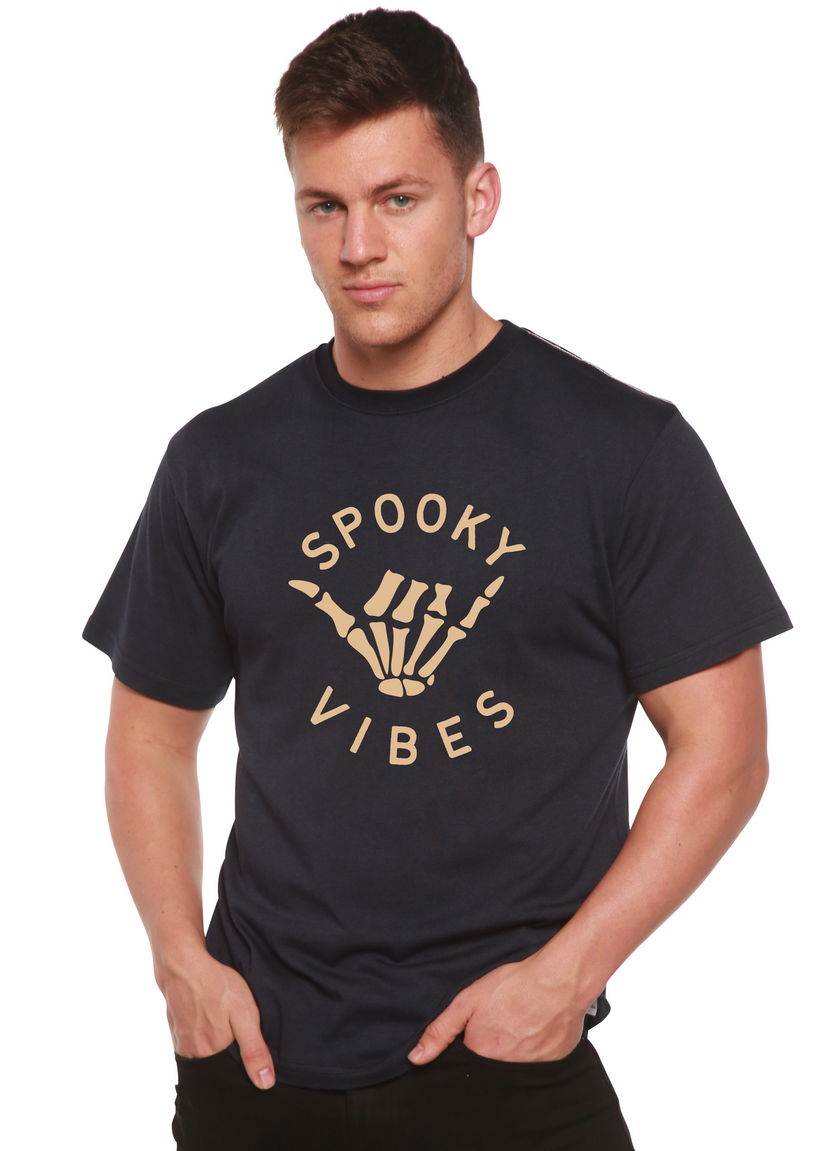 Men's Spooky Vibes graphic T-shirt by Spun Bamboo, short sleeve shirt with spooky-themed print in bamboo viscose and organic cotton.