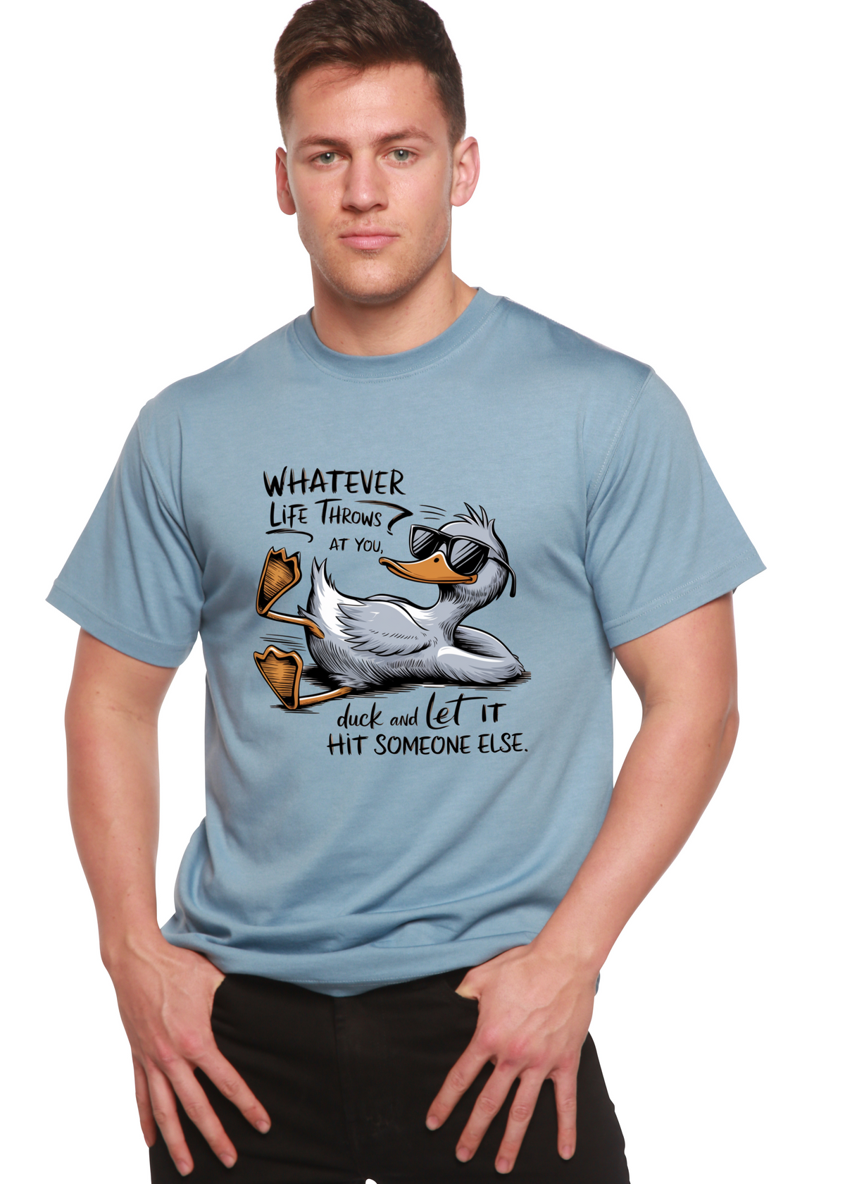 Spun Bamboo men's unisex graphic T-shirt with humorous "Whatever Life Throws at You" print in bamboo and cotton fabric.