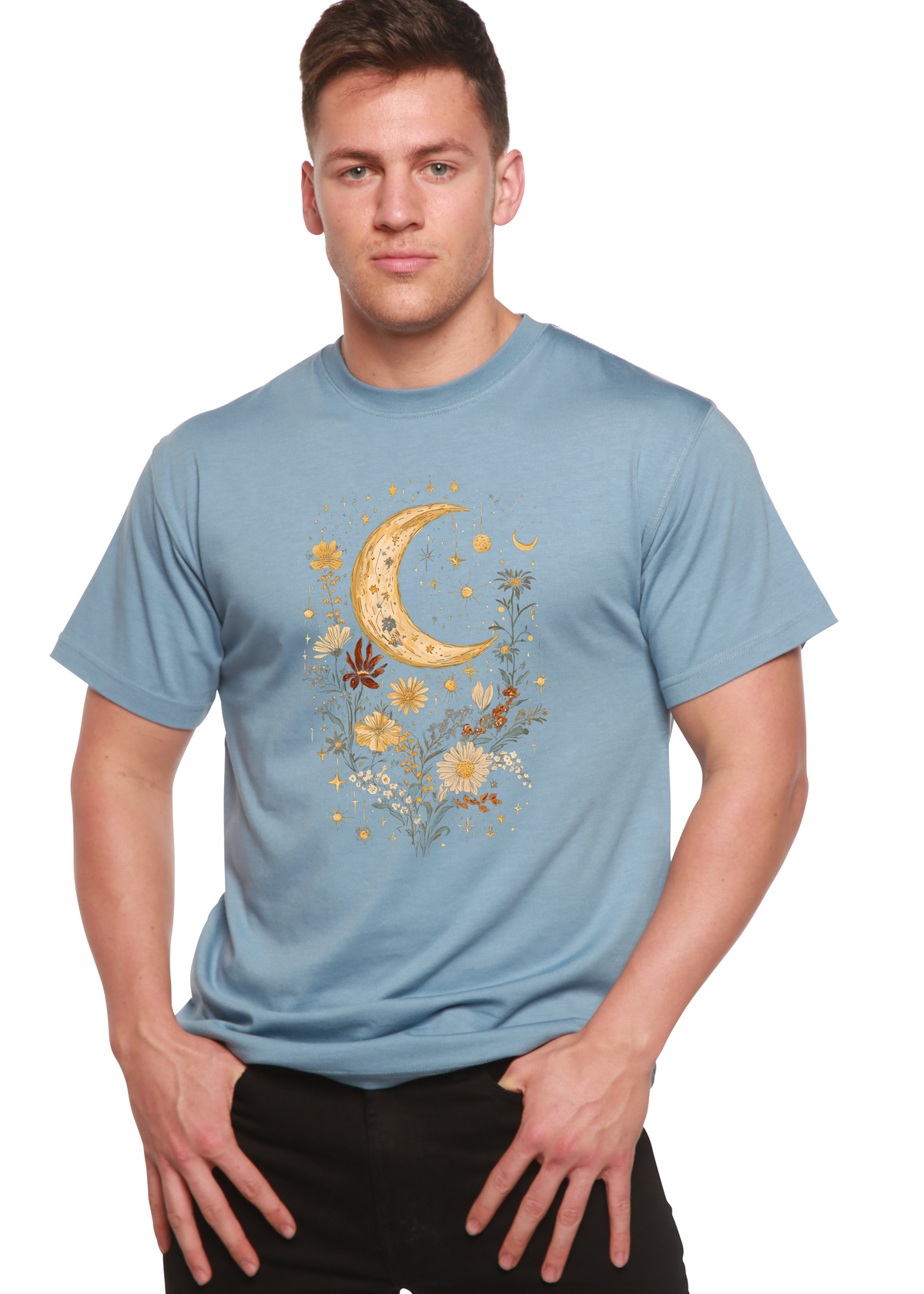 Men's printed t-shirt by Spun Bamboo featuring celestial moon, boho flowers, vintage design, made from bamboo and cotton.