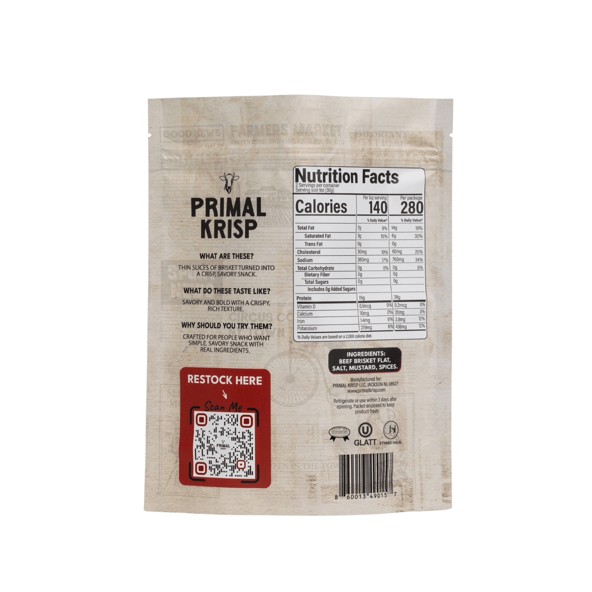 Primal Krisp Texas Heat snack bag with spicy, crunchy texture and bold flavor, shown in a colorful package.