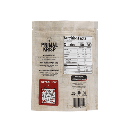 Primal Krisp Texas Heat snack bag with spicy, crunchy texture and bold flavor, shown in a colorful package.