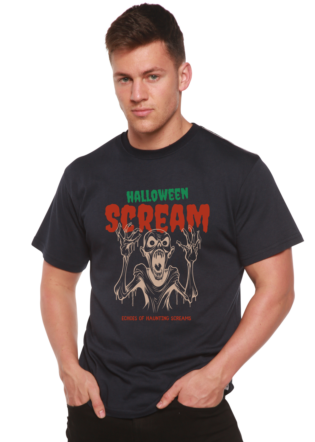 Men's Halloween Scream graphic T-shirt by Spun Bamboo, short sleeve, made from bamboo viscose and organic cotton, with spooky print.