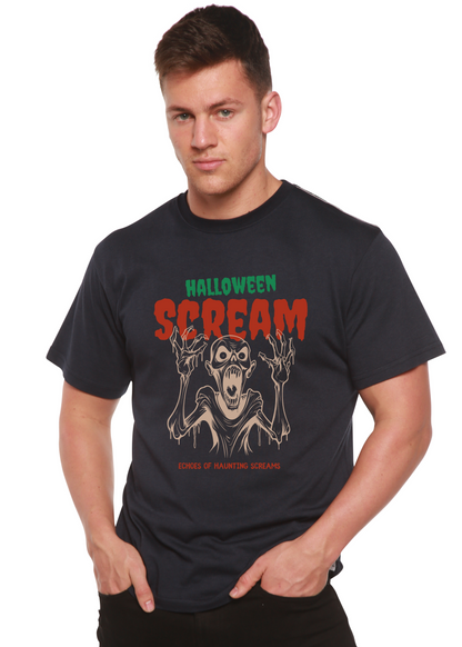 Men's Halloween Scream graphic T-shirt by Spun Bamboo, short sleeve, made from bamboo viscose and organic cotton, with spooky print.