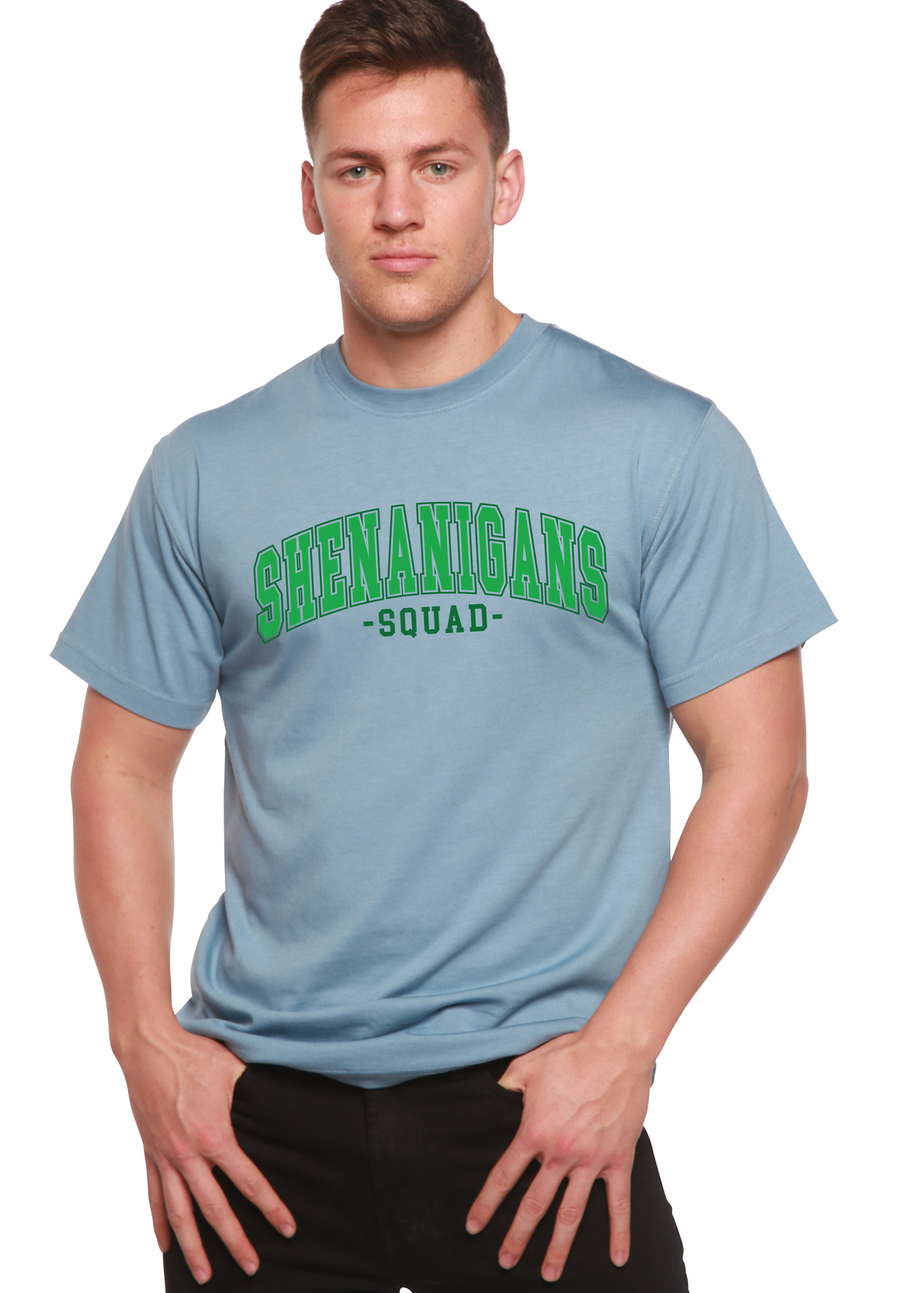 Unisex bamboo and cotton graphic T-shirt from Spun Bamboo with playful Shenanigans Squad print on front.