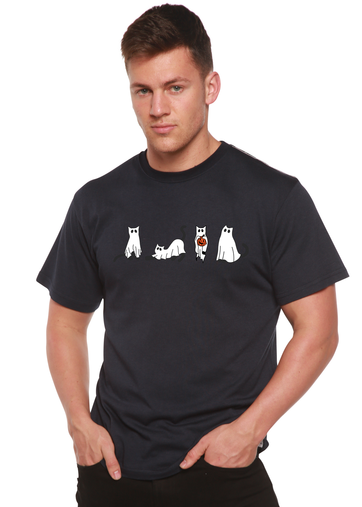 Men's Halloween Cats graphic T-shirt by Spun Bamboo, short sleeve men's printed tee made from bamboo viscose and organic cotton.