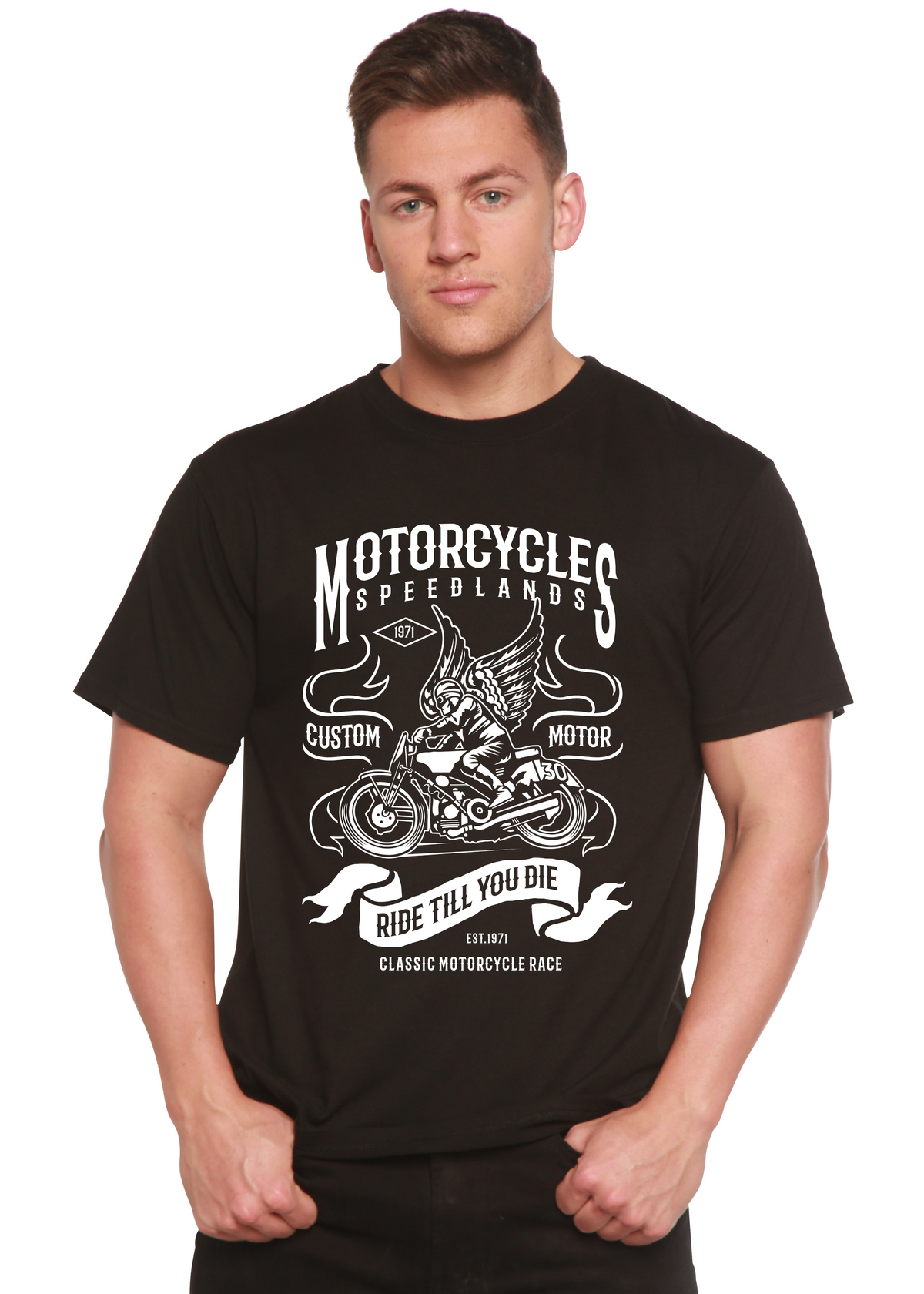 Men's Spun Bamboo motorcycle graphic T-shirt in bamboo viscose and organic cotton, short sleeve, printed design.
