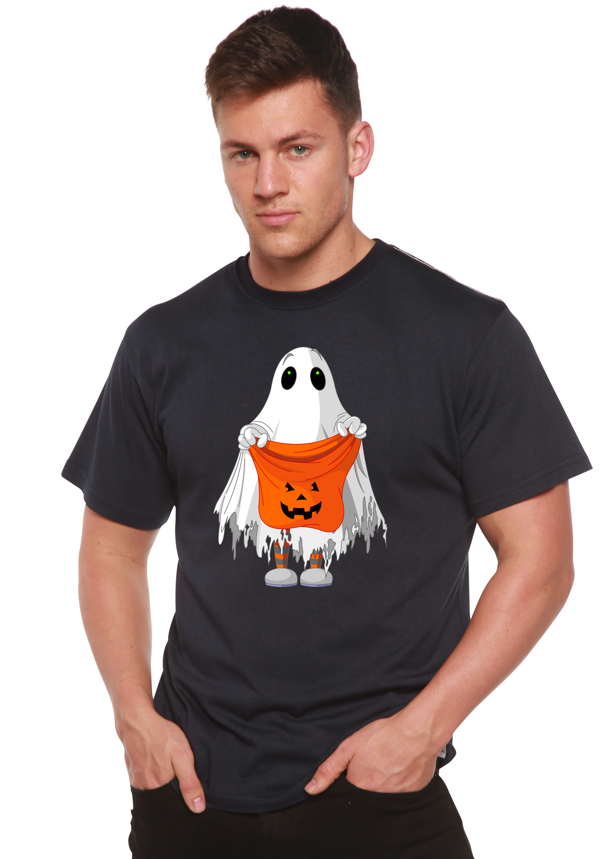 Men's Boo Halloween graphic T-shirt by Spun Bamboo, short sleeve, bamboo viscose and organic cotton, featuring Halloween-themed print.