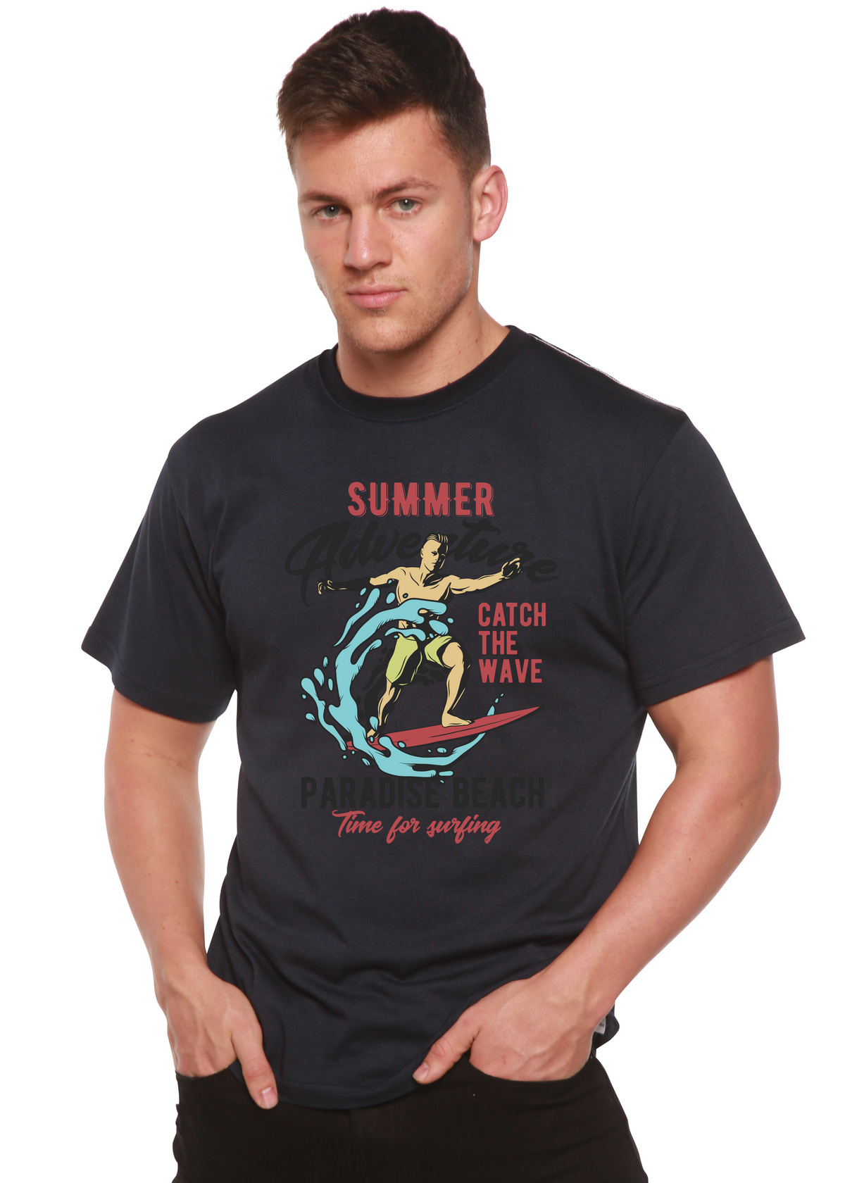 Men's printed graphic T-shirt by Spun Bamboo featuring a wave design, made from bamboo viscose and organic cotton.