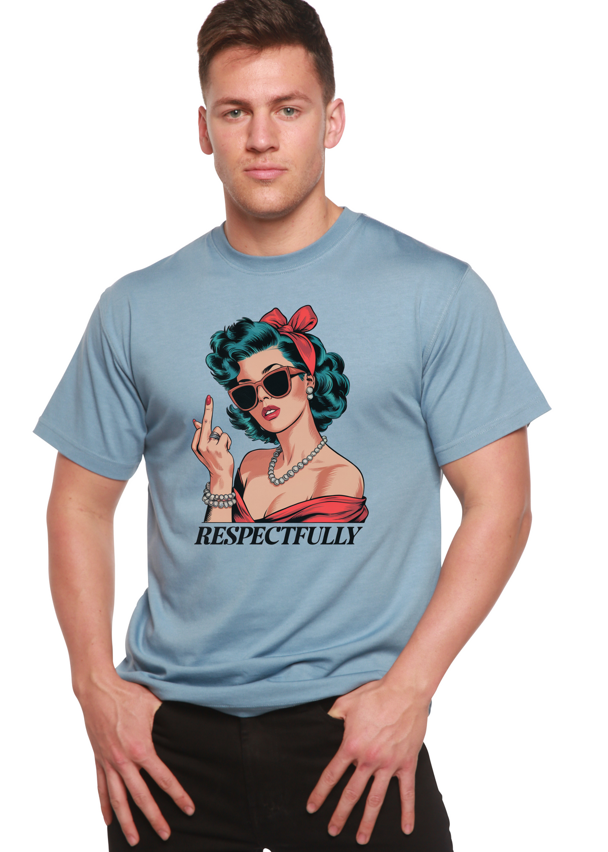 Spun Bamboo men's graphic T-shirt with a bold middle finger design, made from bamboo and cotton blend fabric.