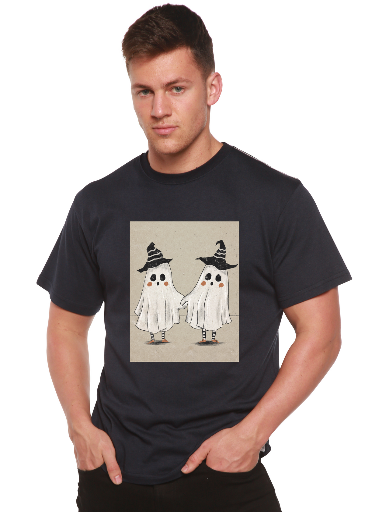 Spun Bamboo men's graphic T-shirt with a cute ghost print, made from bamboo viscose and organic cotton, short sleeve design.