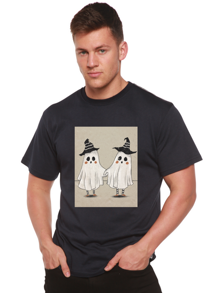Spun Bamboo men's graphic T-shirt with a cute ghost print, made from bamboo viscose and organic cotton, short sleeve design.