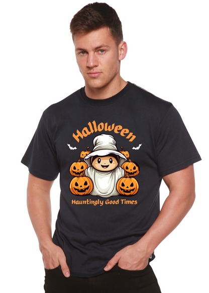 Men's Halloween graphic T-shirt by Spun Bamboo featuring a hauntingly good times design in bamboo viscose and organic cotton fabric.
