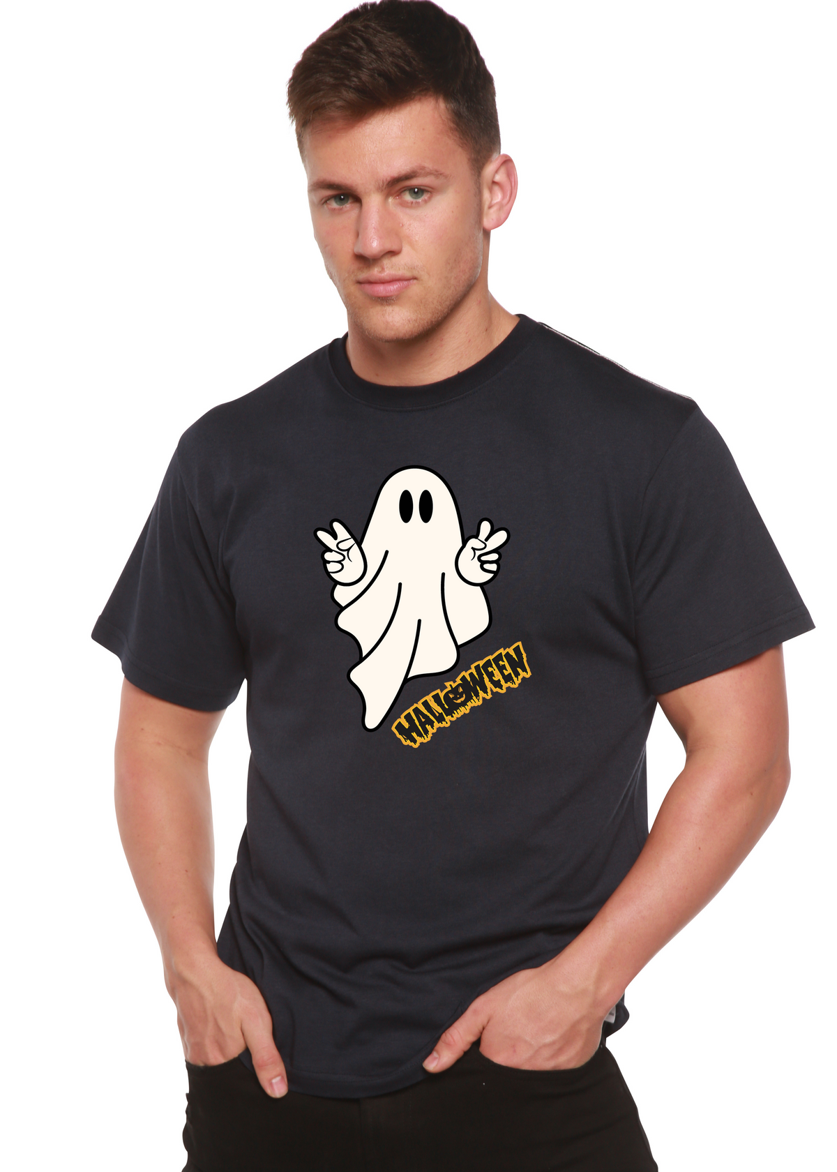 Unisex Halloween ghost graphic T-shirt by Spun Bamboo, short sleeve, made from bamboo viscose and organic cotton, featuring spooky print.