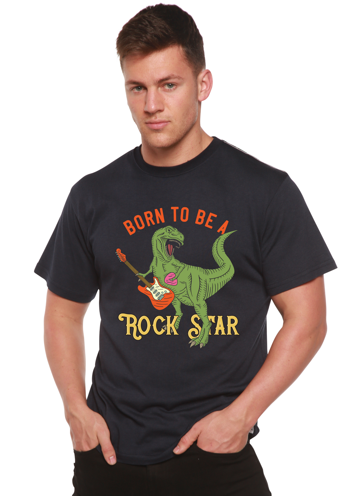 Men's Spun Bamboo Born To Be A Rock Star graphic T-shirt in bamboo viscose and organic cotton with short sleeves, printed design.