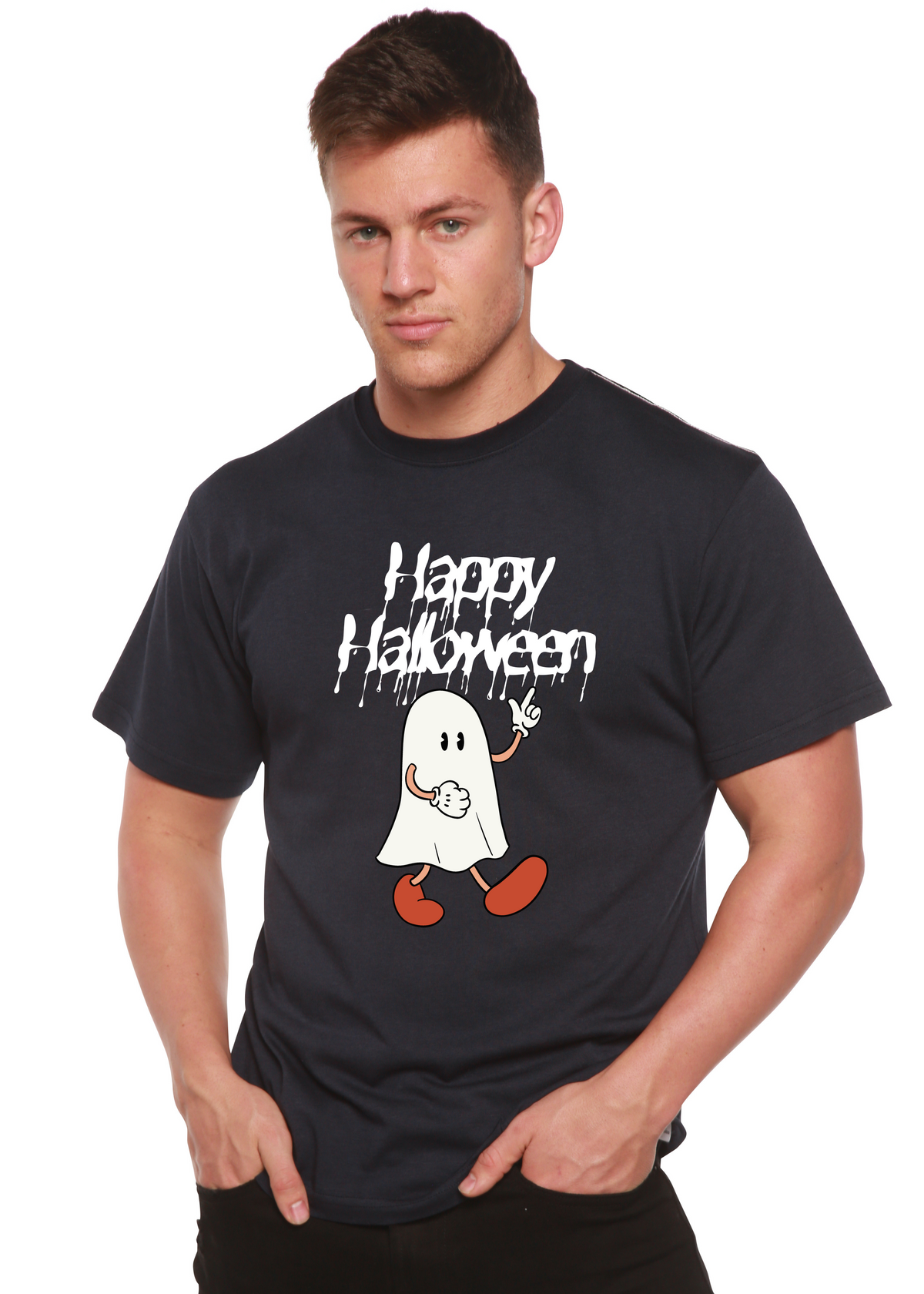 Men's Happy Halloween graphic T-shirt by Spun Bamboo, short sleeve shirt with festive Halloween print in bamboo viscose and organic cotton.