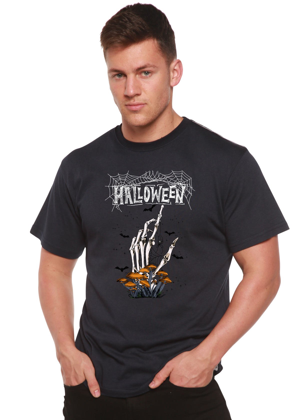 Men's Halloween graphic T-shirt by Spun Bamboo, short sleeve, made from bamboo viscose and organic cotton, featuring festive print.