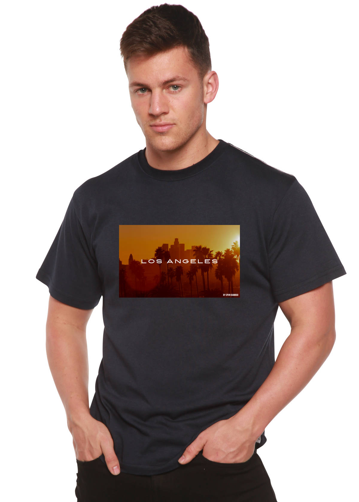 Men's printed graphic T-shirt in bamboo viscose and organic cotton, featuring a Los Angeles design by Spun Bamboo.
