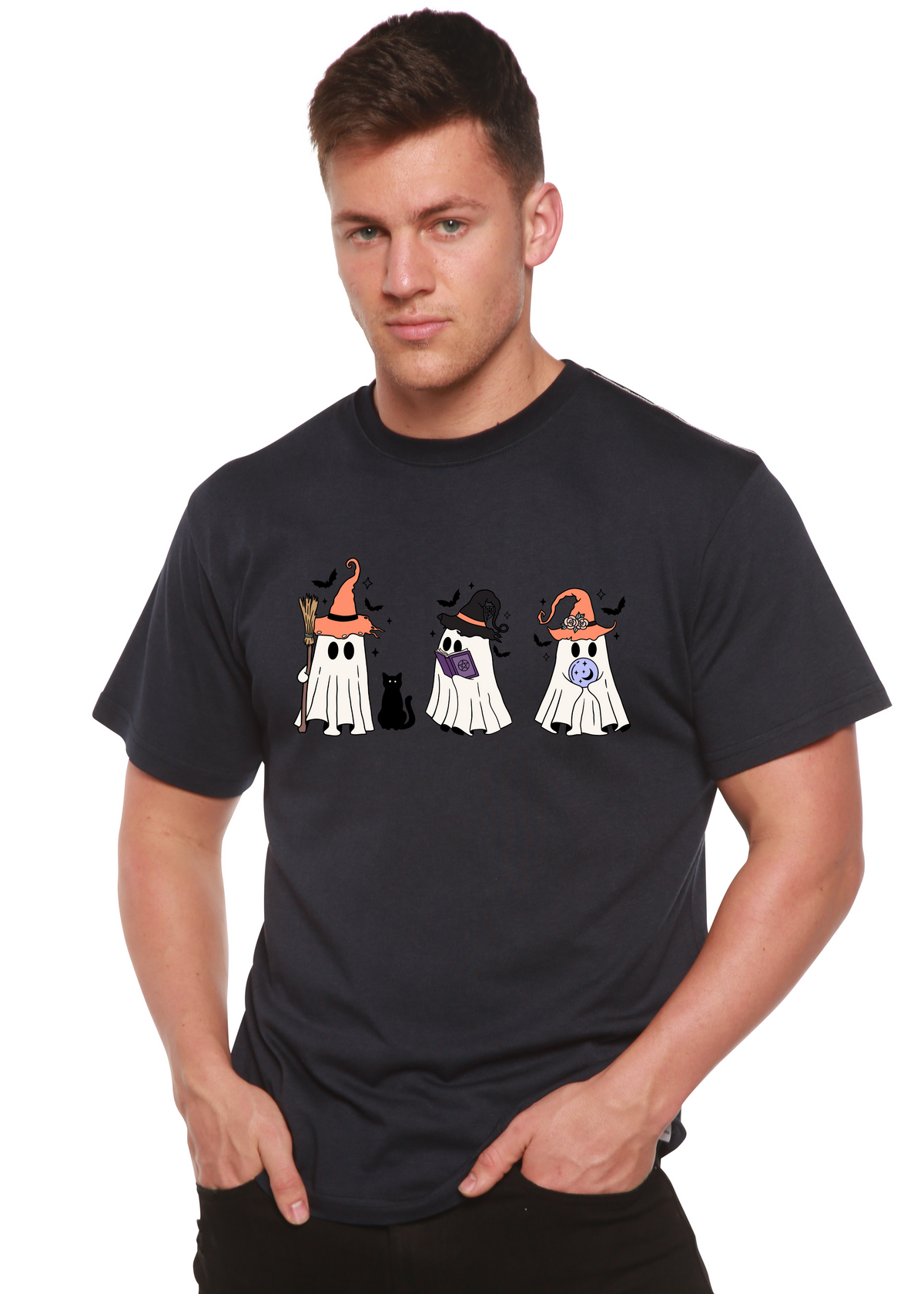 Spun Bamboo men's Halloween Boo graphic T-shirt made of bamboo viscose and organic cotton with short sleeves and Halloween print.