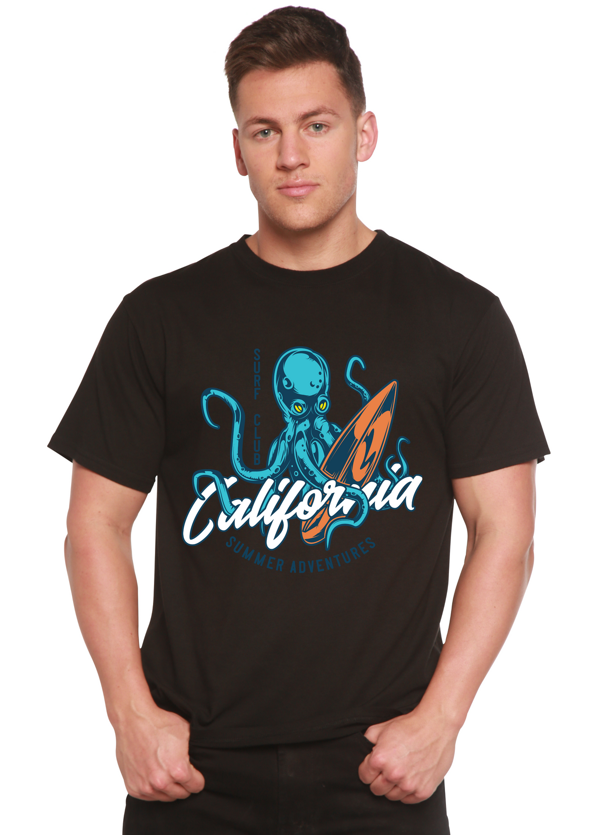 Men's printed graphic T-shirt by Spun Bamboo featuring California Summer Adventures design in bamboo viscose and organic cotton fabric.