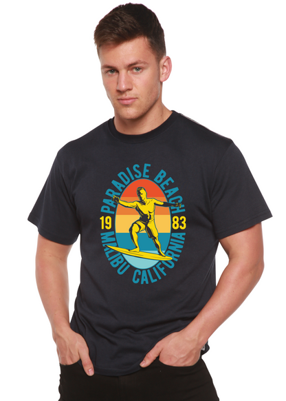 Spun Bamboo Paradise Beach 1983 men's short sleeve graphic T-shirt with tropical beach print in bamboo viscose and organic cotton.