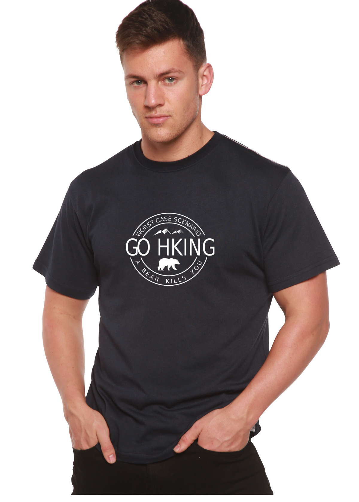 Men's printed T-shirt by Spun Bamboo featuring bamboo viscose and organic cotton, with a graphic design on short sleeves.