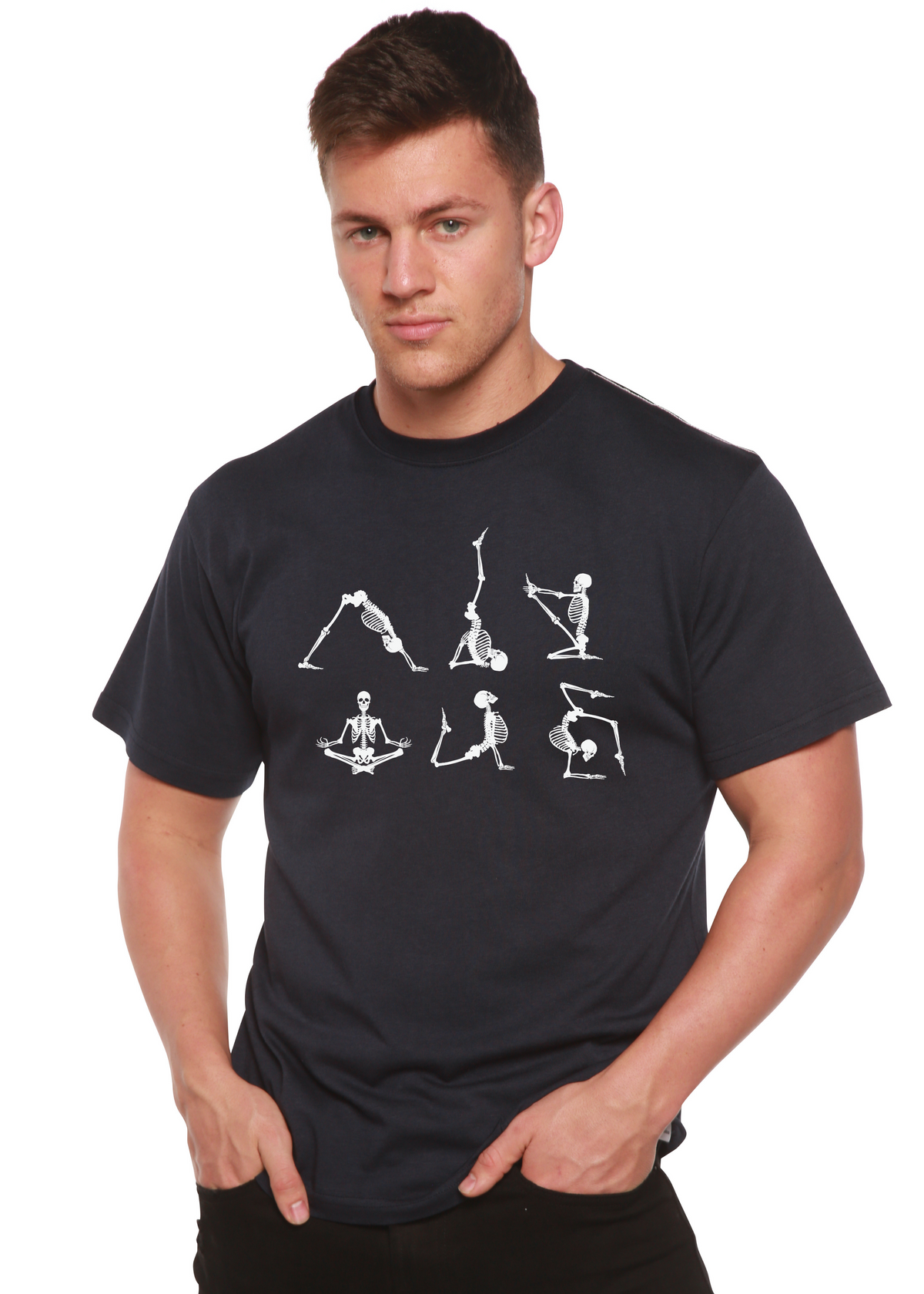 Men's Halloween Skeleton Namaste graphic T-shirt by Spun Bamboo, short sleeve, bamboo viscose and organic cotton fabric.
